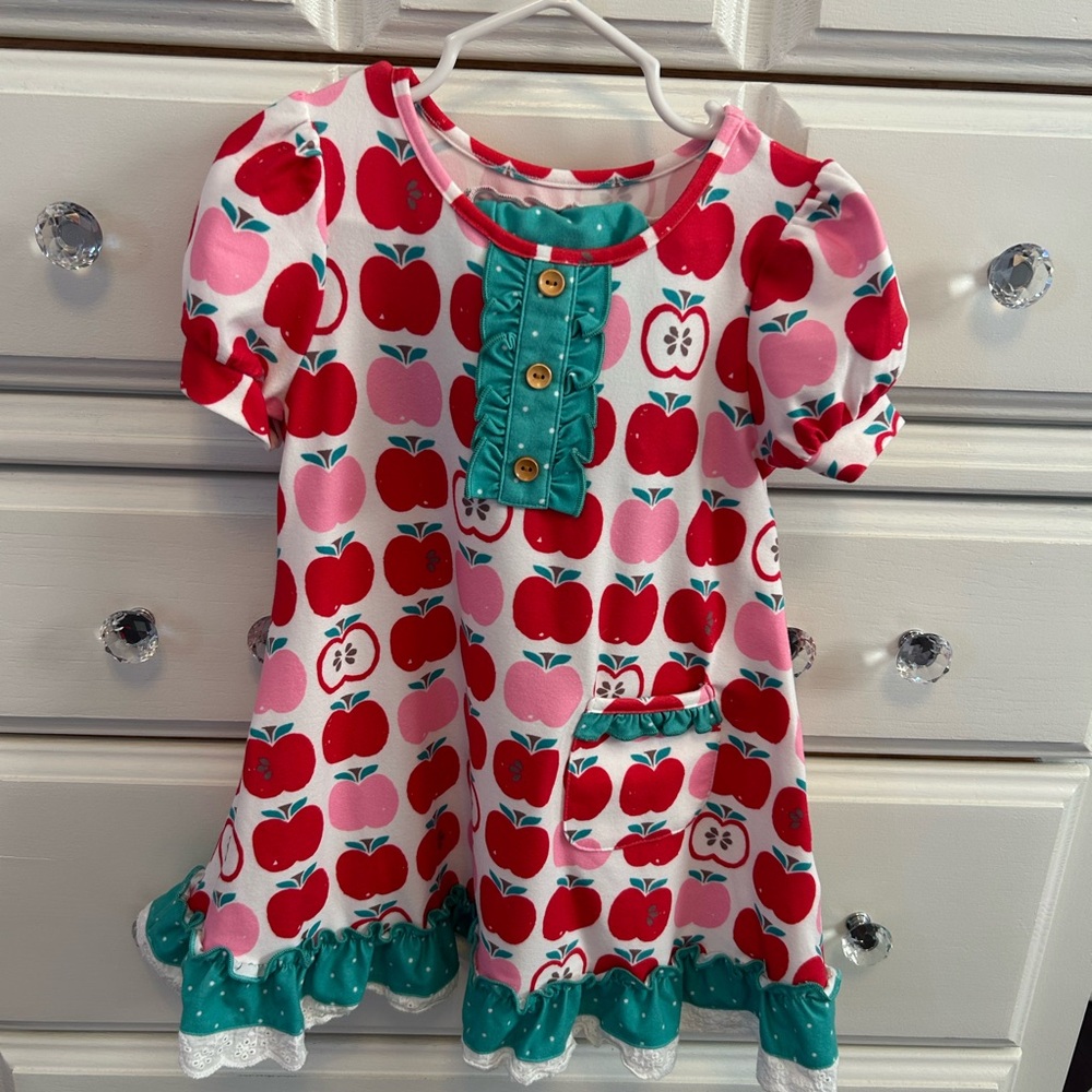 Apple Print Dress with Teal Accents